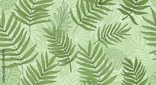 A calming pattern featuring various green palm fronds and tropical leaves in different shades of green on a pale green background.