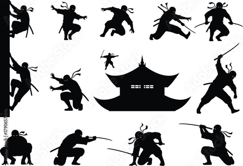 Flat vector silhouette of ninjas in action poses around traditional Japanese building, martial arts, stealth movement, combat scene, warrior theme