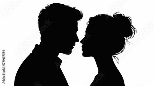 Silhouetted profile of a loving couple, man and woman, gazing intimately into each other's eyes, symbolizing deep love, romantic connection and emotional bond.