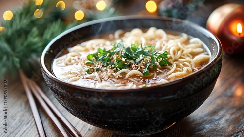 Warm and flavorful ramen bowl with green onions and sesame on a winter evening