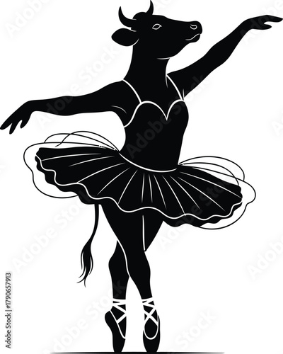 Silhouette of a cow dressed as a ballerina performing a graceful dance on pointe shoes
