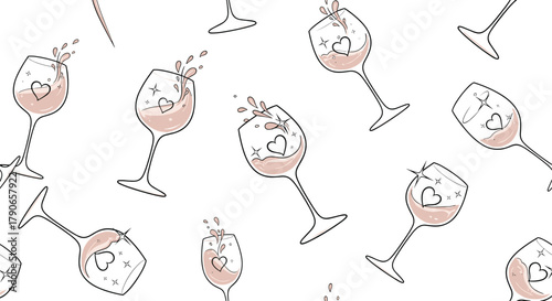 A delightful collection of hand drawn rose wine glasses adorned with hearts and sparkles suggesting a festive celebration or romantic evening.