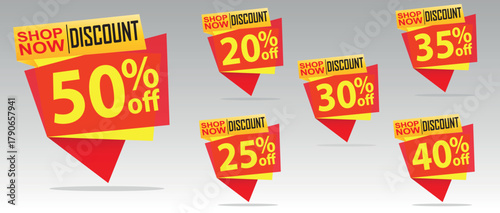 Discount Tags Vector Set, Popup Mega Sale Banner, 50, 20, 25, 30, 35, 40 Off, Red Yellow EPS Design