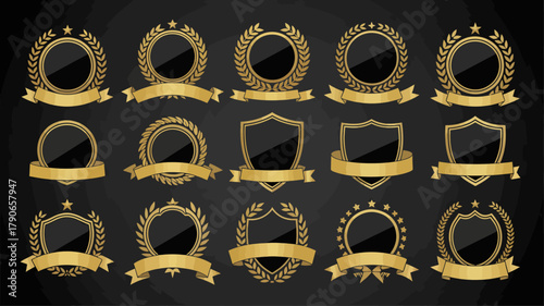 Collection of elegant gold badges, shields, and emblems with laurel wreaths, stars, ribbons, representing premium quality, award, achievement, and success vector set