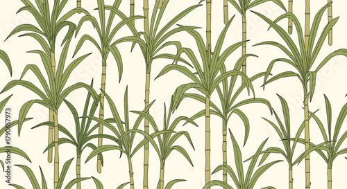 A seamless pattern of tall green sugarcane stalks with long slender leaves against a pale yellow background representing a tropical botanical garden.