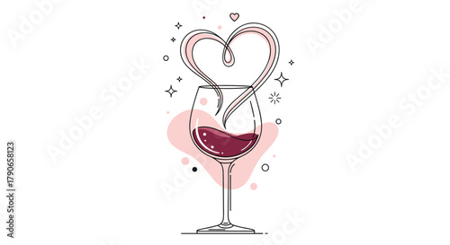 Romantic glass of red wine with a heart shape emanating from the top in a minimalist abstract style.