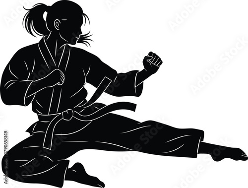 Silhouette of a female martial artist performing a dynamic flying side kick in a karate gi