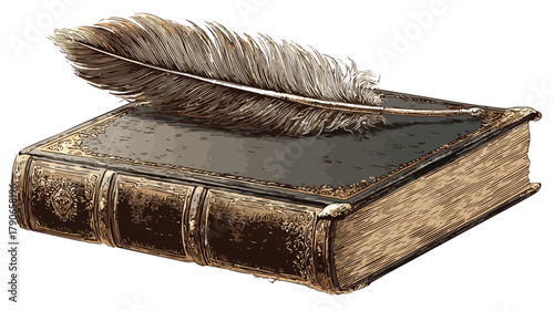 Vintage Closed Book with Quill Rested on Cover for Writers