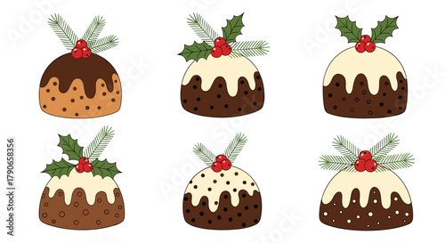 A collection of six individual hand drawn christmas puddings with icing and holly decorations
