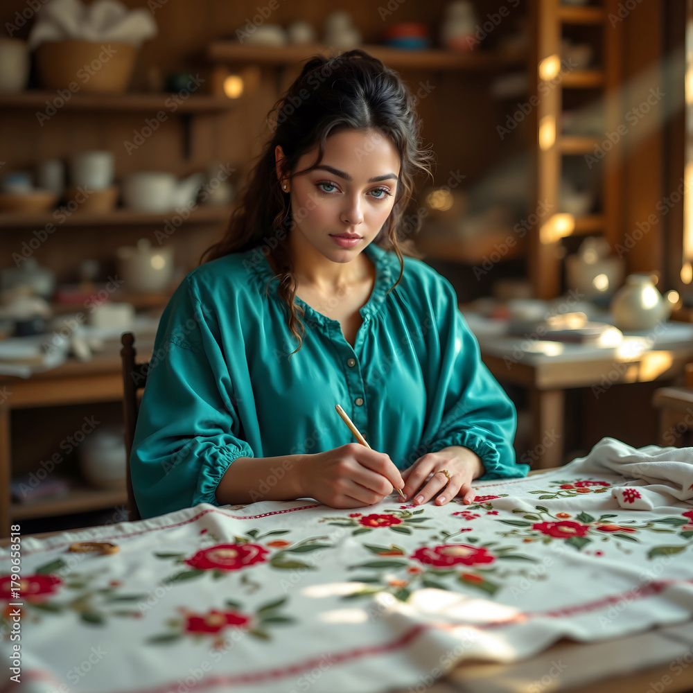 Fototapeta premium Young woman focused on intricate embroidery creating textile art