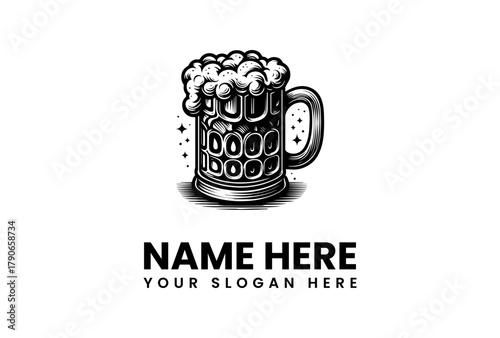 Hand-drawn vintage beer mug vector logo graphic, perfect for brewery, pub, or bar branding. A foamy alcoholic beverage emblem in high-quality EPS format