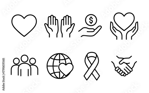 Charity and support line icons set for nonprofit and volunteer projects
