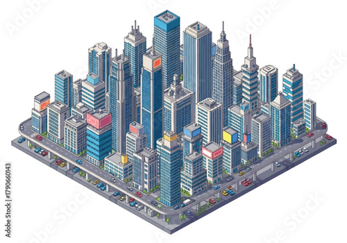 Flat 3D isometric Tokyo cityscape with modern towers, neon billboard silhouettes, and dense city grid. Solid vibrant palette, no gradients, perfect for travel graphics and tech branding