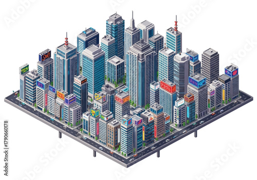 Flat 3D isometric Tokyo cityscape with modern towers, neon billboard silhouettes, and dense city grid. Solid vibrant palette, no gradients, perfect for travel graphics and tech branding