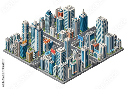 Flat 3D isometric Tokyo cityscape with modern towers, neon billboard silhouettes, and dense city grid. Solid vibrant palette, no gradients, perfect for travel graphics and tech branding