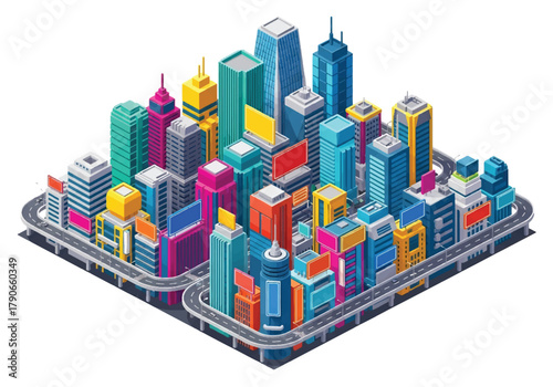 Flat 3D isometric Tokyo cityscape with modern towers, neon billboard silhouettes, and dense city grid. Solid vibrant palette, no gradients, perfect for travel graphics and tech branding