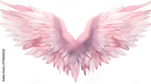 Soft pink watercolor angel wings with delicate feathers, hand-painted in pastel tones and isolated on a white background. Elegant fantasy illustration perfect for romantic designs, spiritual art