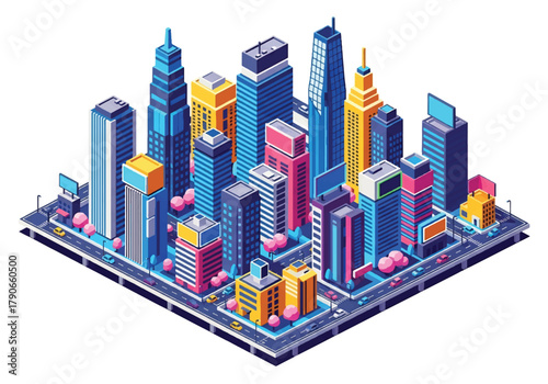 Flat 3D isometric Tokyo cityscape with modern towers, neon billboard silhouettes, and dense city grid. Solid vibrant palette, no gradients, perfect for travel graphics and tech branding