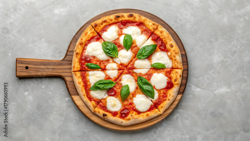 Delicious margherita pizza topped with fresh mozzarella and basil leaves on a wooden board