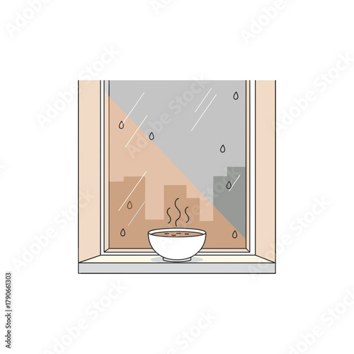 Cozy bowl of soup on windowsill with city view in rainy weather  