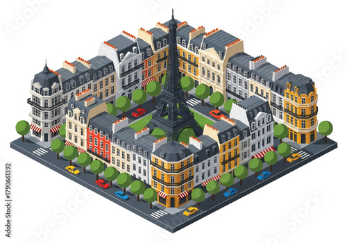 Flat 3D isometric vector of Paris skyline with central tower silhouette, elegant rooftops, and avenue layout. Solid pastel palette, clean geometry, no gradients, squared frame
