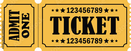 Yellow admit one ticket with stars and numbers
