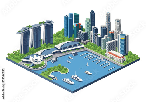 Flat 3D isometric Singapore cityscape with marina waterfront towers and tropical greenery. Solid pastel tones, no gradients, geometric balanced layout, ideal for travel branding