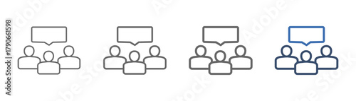 
outline icon sheet with three people design and speech bubbles