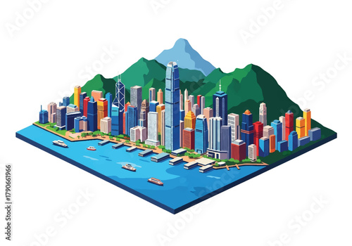 Flat vector 3D isometric Hong Kong skyline with vertical skyscrapers on harbor edge. Solid bold colors, squared composition, no gradients, perfect for finance and travel themes