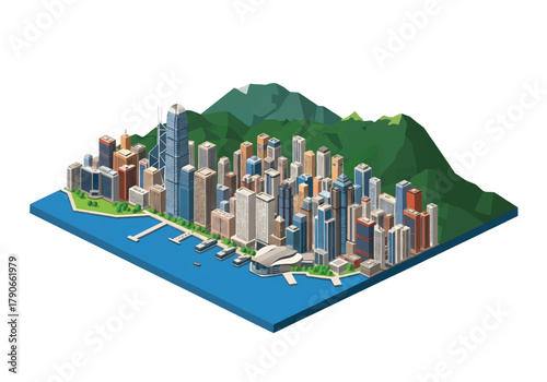 Flat vector 3D isometric Hong Kong skyline with vertical skyscrapers on harbor edge. Solid bold colors, squared composition, no gradients, perfect for finance and travel themes