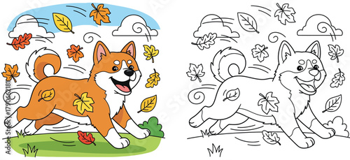 Happy Shiba Inu Dog Running Through Autumn Leaves - Cute Cartoon Coloring Page