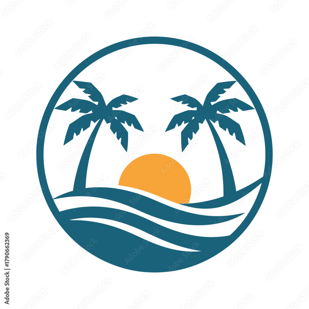 Obraz premium Tropical island paradise logo with palm trees and ocean waves Vector