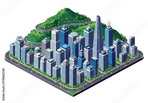 Flat isometric Seoul cityscape with modern tower blocks, hilly skyline, and layered perspective. Solid soft tones, no gradients, clean geometric structure, squared modern composition