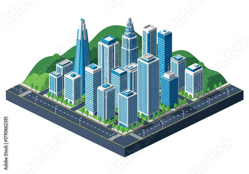 Flat isometric Seoul cityscape with modern tower blocks, hilly skyline, and layered perspective. Solid soft tones, no gradients, clean geometric structure, squared modern composition