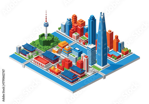 Flat isometric Seoul cityscape with modern tower blocks, hilly skyline, and layered perspective. Solid soft tones, no gradients, clean geometric structure, squared modern composition