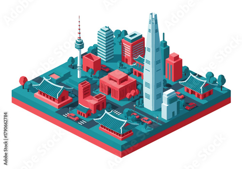 Flat isometric Seoul cityscape with modern tower blocks, hilly skyline, and layered perspective. Solid soft tones, no gradients, clean geometric structure, squared modern composition