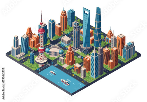 Flat 3D isometric Shanghai skyline with futuristic tall towers and dense urban blocks. Solid bold palette, geometric clean forms, no gradients, squared layout, modern tech style