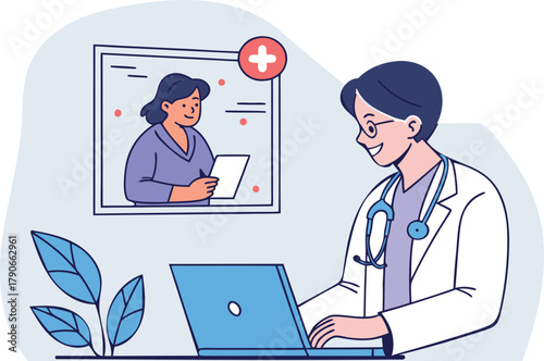 Male doctor conducting a smiling patient's virtual medical checkup or consultation via laptop using telehealth technology.