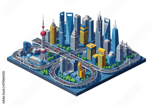 Flat 3D isometric Shanghai skyline with futuristic tall towers and dense urban blocks. Solid bold palette, geometric clean forms, no gradients, squared layout, modern tech style