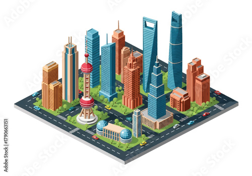 Flat 3D isometric Shanghai skyline with futuristic tall towers and dense urban blocks. Solid bold palette, geometric clean forms, no gradients, squared layout, modern tech style