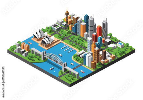 Flat vector isometric Sydney cityscape with curved harbor bridge, coastal skyline, and geometric modern buildings. Solid blue palette, no gradients, squared balanced composition