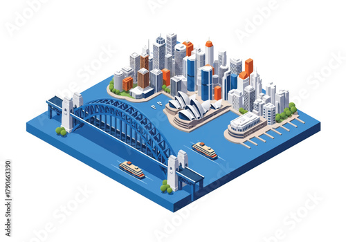 Flat vector isometric Sydney cityscape with curved harbor bridge, coastal skyline, and geometric modern buildings. Solid blue palette, no gradients, squared balanced composition
