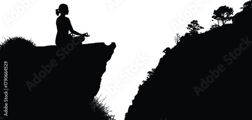 Flat vector silhouette of person meditating on cliff edge, peaceful nature scene, mindfulness, solitude, spiritual balance, outdoor calm moment