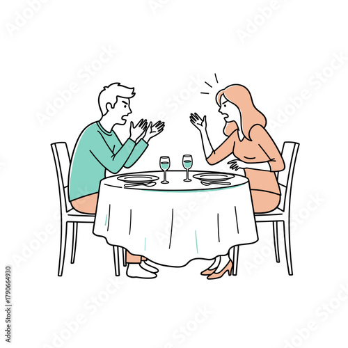 Couple arguing at dinner table with drinks in casual setting  