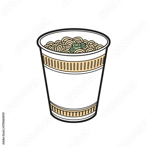 Instant noodle cup filled with noodles on plain white background  