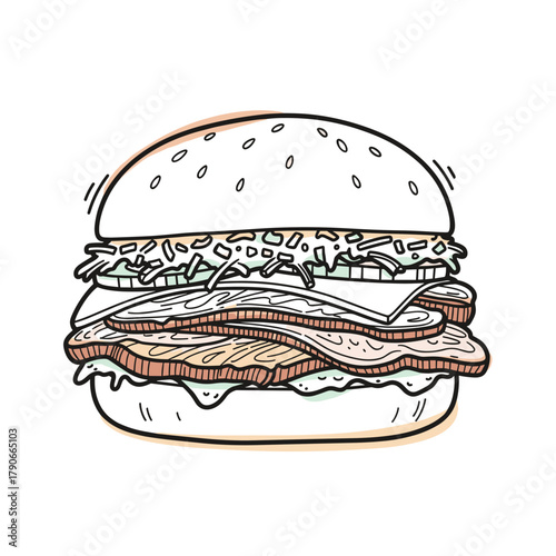 Beef brisket sandwich with slaw in illustrated style  