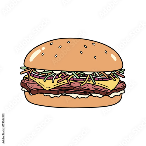 Beef brisket sandwich with slaw and cheese in a sesame bun  