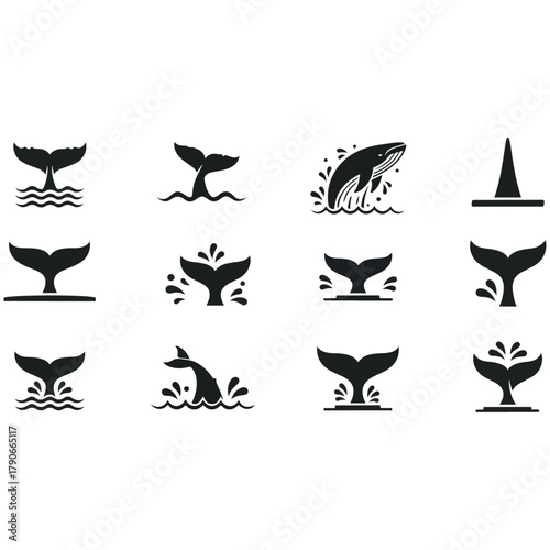 Collection of whale tail icons depicting diving and splashing in water, symbolizing marine life and ocean exploration