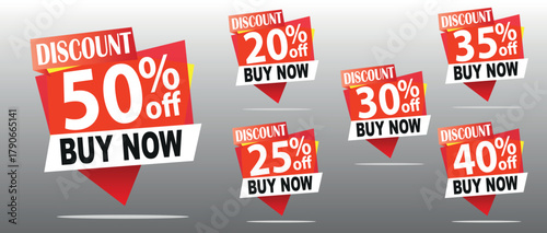 Discount Tags Vector Set, Popup Buy Now Sale, 50, 20, 35, 30, 25, 40 Off, Red white EPS Pointer