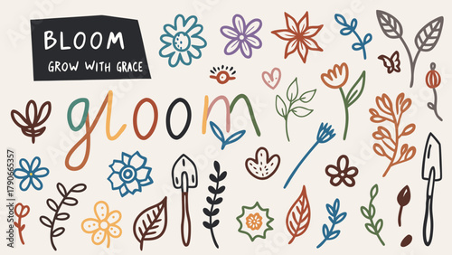 A botanical doodle set full of hand-drawn flowers, leaves, butterflies, and garden tools.